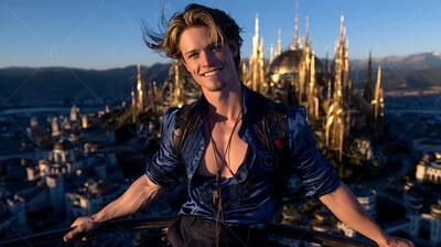 High looking out over a city, a grinning young man leans on a rail in an open blue shirt