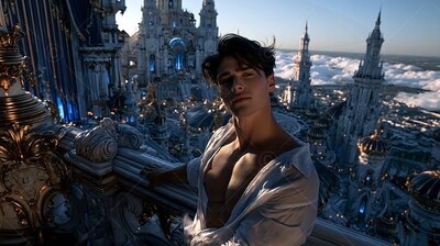 Leaning on a stone balcony, a young man in an unfastened pale white shirt looks out over blue spires