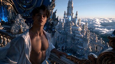Young man in an open white shirt on a balcony above clouds