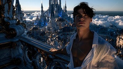 A plain white shirt slips off a young man standing on a high balcony over a fantasy city