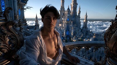 A man leans on a high balcony with his white shirt open as dusk lights the palace spires