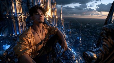 Reclining on high stone rails, a man in a gold shirt rests looking out over a city at dusk