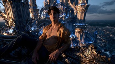 A man in an unbuttoned yellow shirt sits on a high balcony over a city at dusk