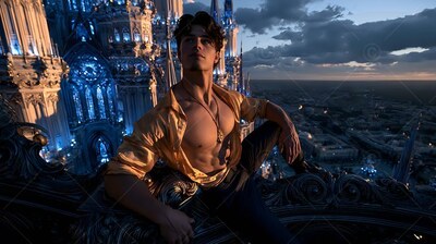 High looking out over a city at dusk, a young man sits in an open yellow shirt
