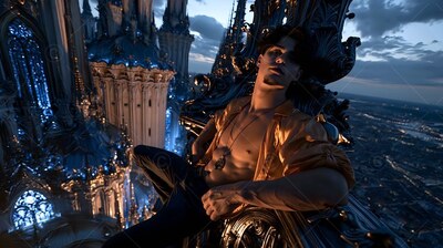Reclining on high stone spires at dusk, a young man wears an open yellow shirt