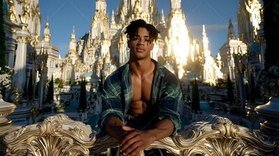 A man in an unbuttoned plaid shirt leans on a carved balcony above sunny white palaces