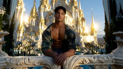 Above a golden city, a man leans forward in an open plaid flannel shirt