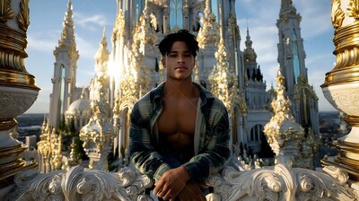 Leaning against a stone balcony, a young man wearing an unbuttoned plaid shirt looks ahead