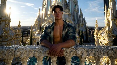 Young man wearing an open plaid shirt leans on a carved balcony above towers