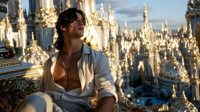 Leaning back on a stone balcony, a man in an open white shirt looks out over the city
