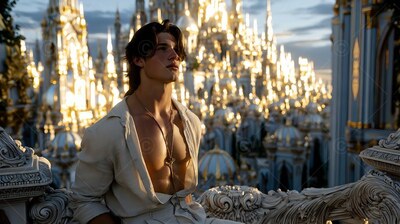 A man in an unbuttoned cream shirt leans on a stone railing above a sunlit city