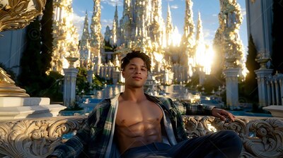 A young man leans back on a carved stone ledge as bright sunlight reflects off white spires behind him