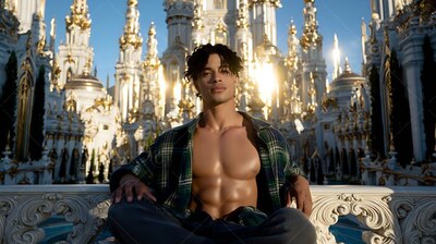 Sitting cross-legged on a stone balcony, a shirtless man rests before white spires