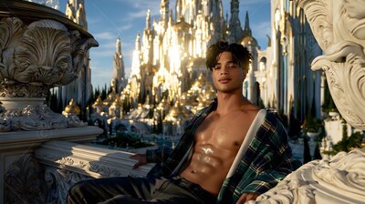A shirtless young man in a green plaid shirt sits by a sunny golden castle