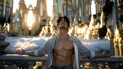 Leaning back against a stone railing, a man opens his arms above a city