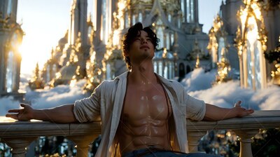 A man opens his arms on a stone railing in an unbuttoned bright white shirt at sunset
