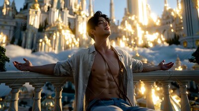 Leaning back on a stone railing, an open-shirted man rests above a golden city