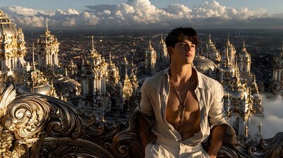 A man in an unbuttoned shirt sits above a gold city