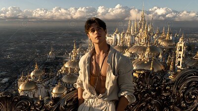 An open linen shirt reveals a man resting on a dark balcony over gold domes at sunset