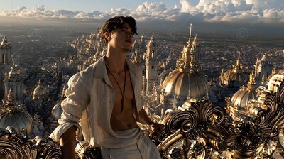 A young man leans back with his shirt unbuttoned in warm sunset light over city domes