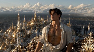 Reclining back, a man in an unfastened plain white shirt rests above a gold city