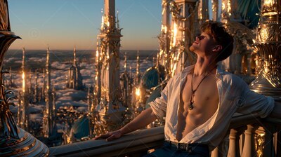 A man wearing an open pale white shirt leans back on a balcony looking out over a city at sunset