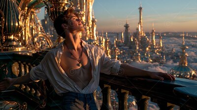 On a high balcony, a man leans back in an open clean white shirt over a golden city