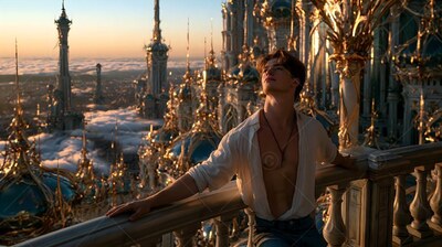 Leaning on a stone balcony, a young man wearing an unbuttoned bright white shirt looks up over a sunlit city