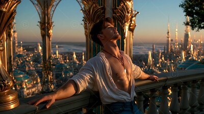 A man in an unbuttoned plain white shirt leans on a stone balcony at sunset