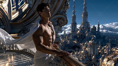 A shirtless man in a white flowing wrap looks out from a high stone balcony over a city of white spires