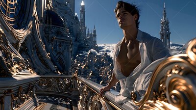 A man leans on a white balcony with his shirt open in warm evening light