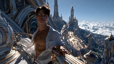 Leaning on a stone balcony above the city, a man wears an open white shirt