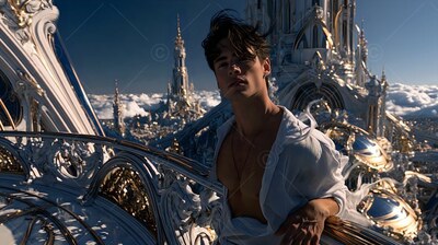 A young man with an unbuttoned clean white shirt leans on a high balcony over white spires