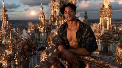 Above golden rooftops, a muscular man leans on a railing in an open plaid shirt
