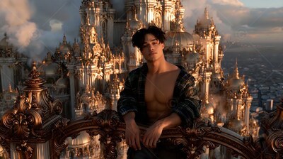 Leaning on a carved bronze rail, a shirtless man in a plaid jacket sits above city spires
