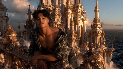 A man leans on a railing in an open plaid shirt before sunset towers
