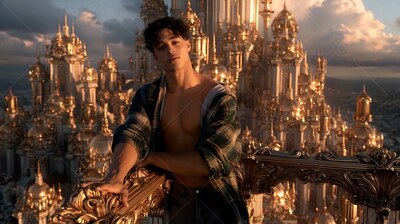 Wearing an open plaid shirt, a young man leans on a carved balcony overlooking a city of gold spires