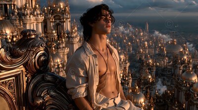 A young man leans back in an open linen shirt as warm sunset light touches his face