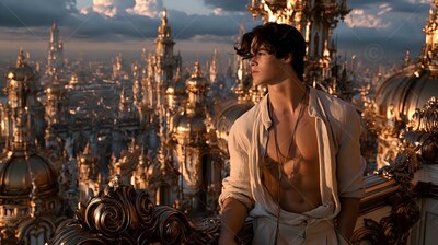 Leaning in profile above a golden city, a man wears an unbuttoned shirt