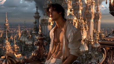 A man leans in an open white shirt on a stone balcony over a city at sunset