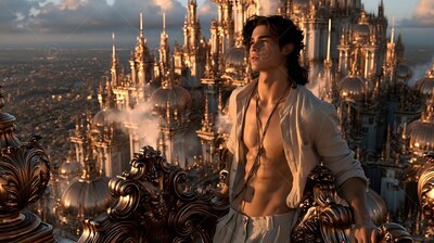 Above a golden city, a young man with an unbuttoned cream shirt looks up at sunset