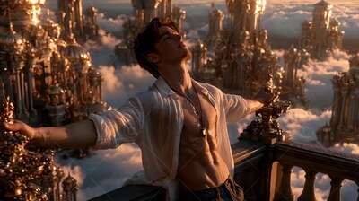 Leaning back with open arms, a man in an unbuttoned white shirt looks up over a city in clouds