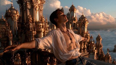 Man wearing an unbuttoned white shirt leans back above golden spires