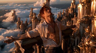 An unbuttoned plain white shirt on a man leaning back on a stone balcony high above spires in sunset light