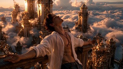 A man leans back with open arms on a balcony under warm sunset clouds