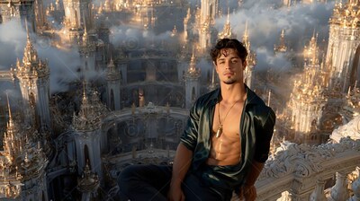 Leaning back, a man in an open dark shirt sits above a golden city in the clouds