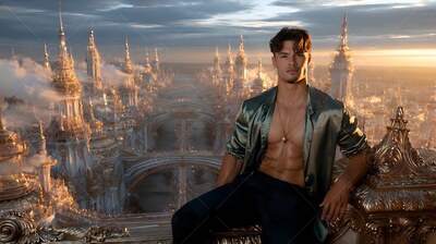 A man in an unbuttoned green silky shirt sits on a rooftop above a sunset city