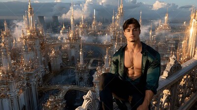 Above a golden city, a young man with an unbuttoned green silk shirt sits on a stone ledge