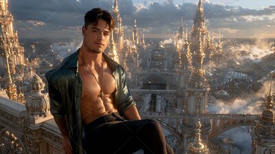 Leaning on a stone railing, a man sits in an open silk shirt above a sunset city