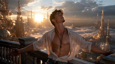 Man wearing an unbuttoned bright white shirt on a balcony above a city at sunset